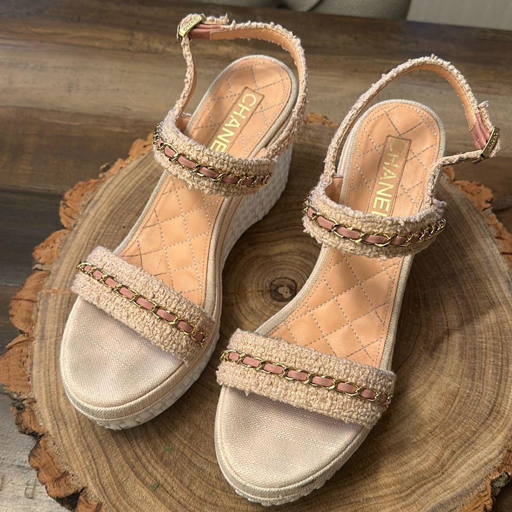 Light pink tweed Chanel sandals. Approximately 2” platform and 4” total height.